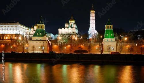 View of Moscow Kremlin river at night. Moscow, Russia/ See Moscow river, Moscow Kremlin wall, Kremlin Palaces, Orthodox Christian Churches, Bell tower of Ivan Great