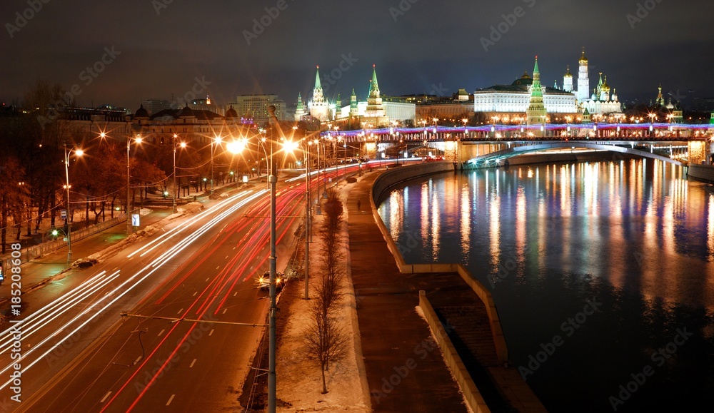 View of Moscow Kremlin river at night. Moscow, Russia/See  Moscow Kremlin wall, Kremlin Palaces, Orthodox Christian Churches, Bell tower of Ivan Great