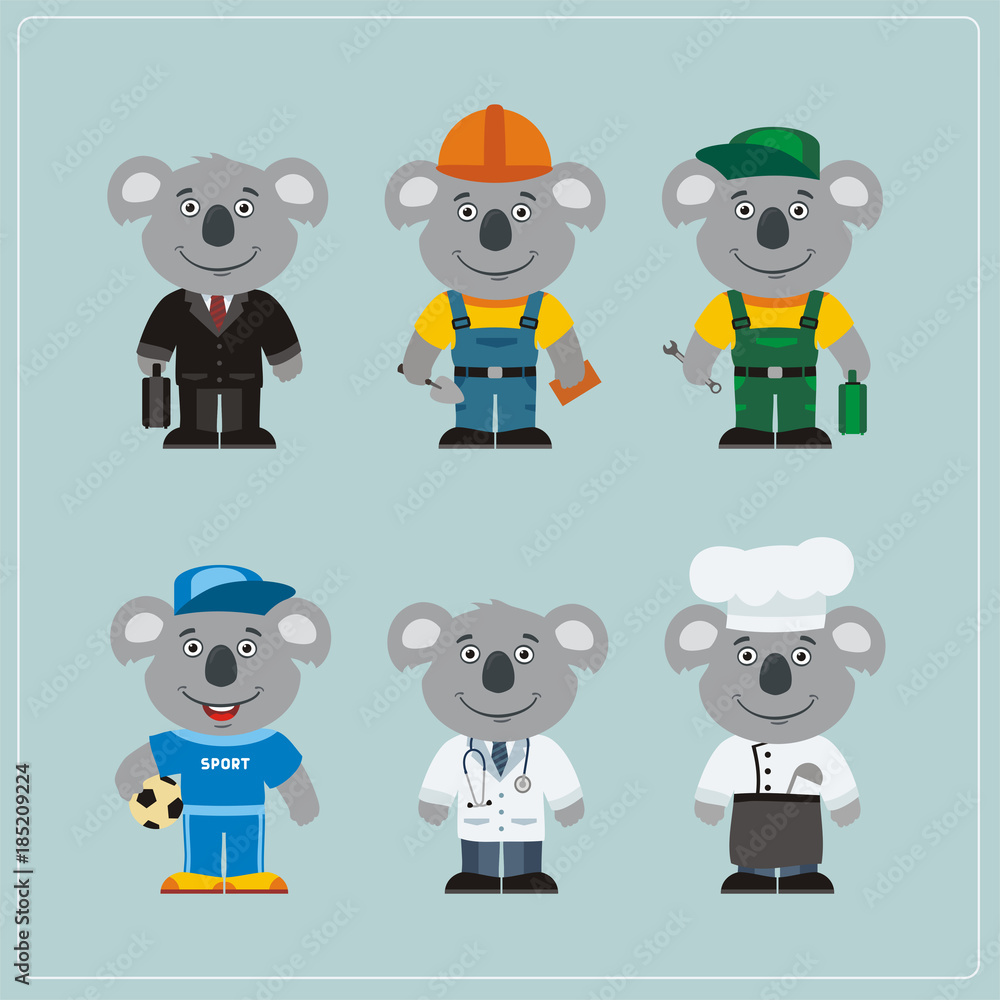 Obraz premium Set of koala bear in different costumes: builder, sportsman, worker, a doctor, manager, cook. Collection of koala in clothes in cartoon style.