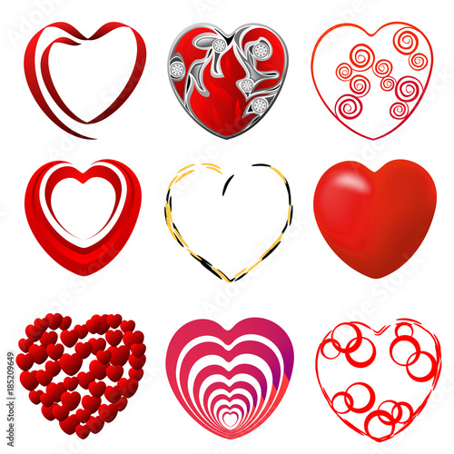 Red Hearts. Set of hand drawn vector elements for love concept, wedding or Valentine day decorative design.