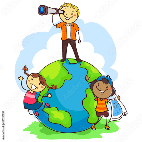 Vector Illustration of Three Stick Kids Standing at the top of the world