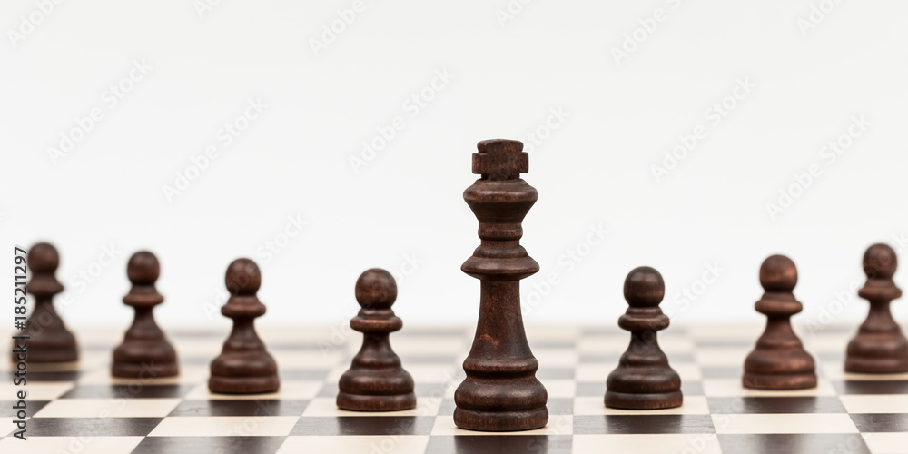 Chess pieces on a chess board with the king and pawns Chess pieces on a chess board with the king and pawns