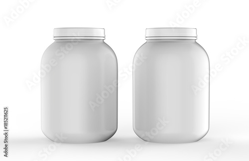 Protein or gainer powder container tub and jar ready for your design labels. 3d illustration.