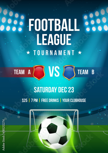 Football league tournament poster vector illustration, Ball in arena field with stadium lights 