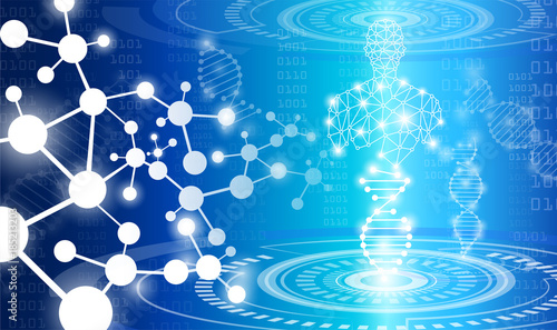 abstract background technology concept in blue light,brain and human body heal ,technology modern medical science in future and global international medical with tests analysis clone DNA human