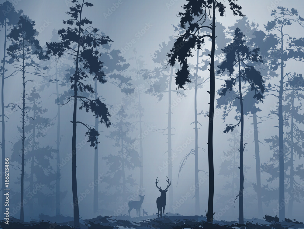 Naklejka premium silhouette of the forest with a family of deer, vector illustration