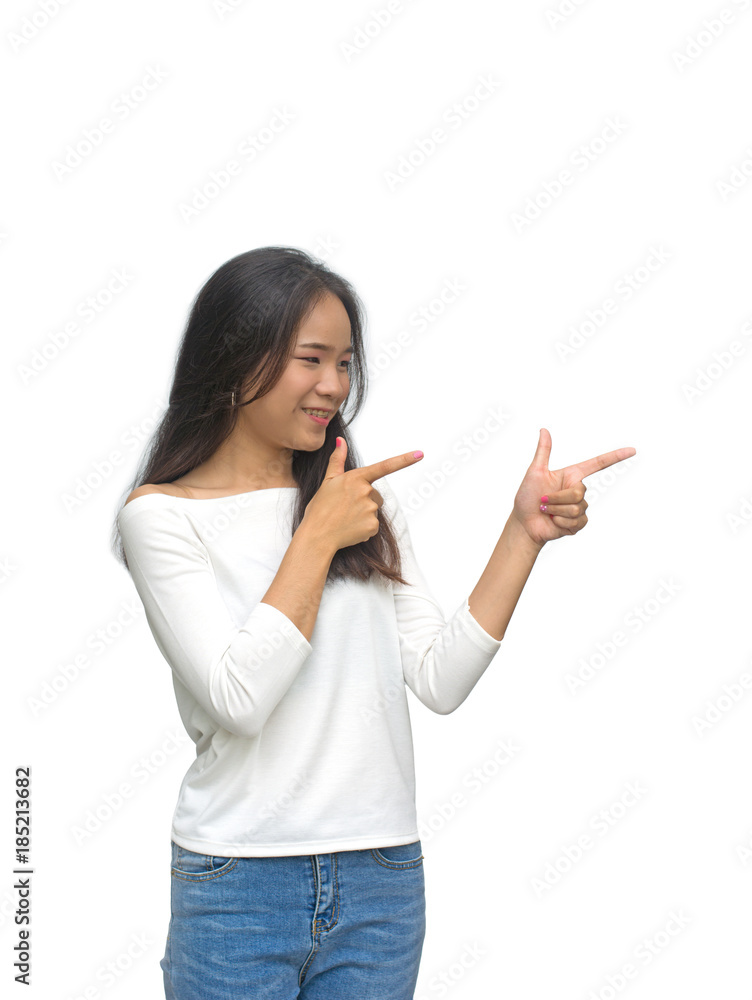 Beauty young girl with charming smile to you and points to the fact that fun smile with isolated on white background. With clipping path Beauty young girl with charming smile to you and points to the fact that fun smile with isolated on white background. With clipping path