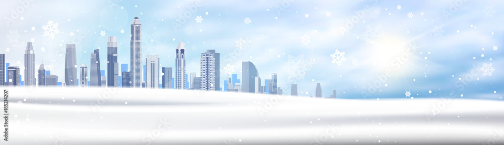 Winter Background Snowy City Landscape Horizontal Banner Snow White Buildings Blue Sky Christmas Concept Flat Vector Illustration