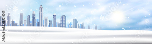 Winter Background Snowy City Landscape Horizontal Banner Snow White Buildings Blue Sky Christmas Concept Flat Vector Illustration