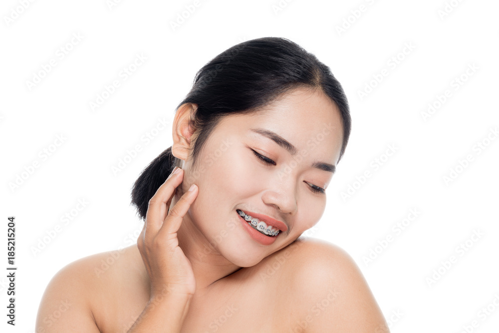 Beautiful woman face close up portrait studio on white background Beautiful woman face close up portrait studio on white background