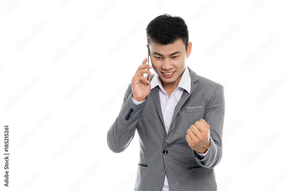 Portrait of a business man with smart phone. Isolated on white background Portrait of a business man with smart phone. Isolated on white background