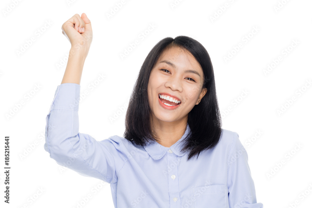 Beautiful asian business woman celebrating success portrait studio on white background Beautiful asian business woman celebrating success portrait studio on white background