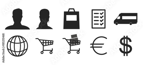 Online Shop Icons mit Profilbild, Einkaufstasche, Einkaufswagen voll/leer, Lieferwagen, Wunschliste, Euro/Dollarzeichen, Globus, Sprache