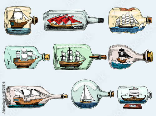 Ship in bottle vector boat in miniature gifted sail souvenir in glass sailboat with cork or shipping in flask isolated on the white background