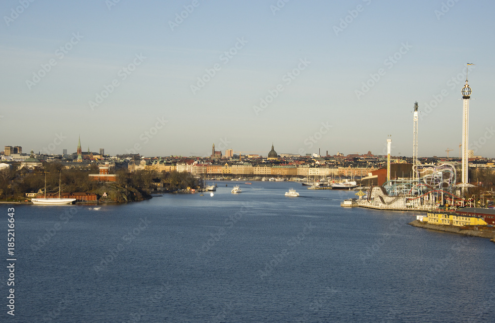 Stockholm waterfront  with landmarks in midwinter sunlight