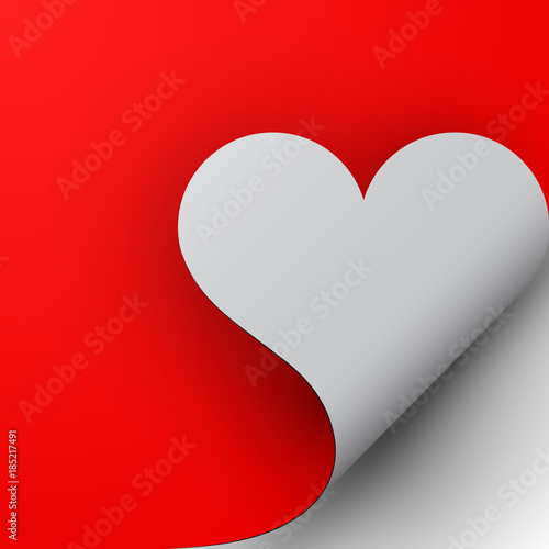 Paper red heart curled corner, vector