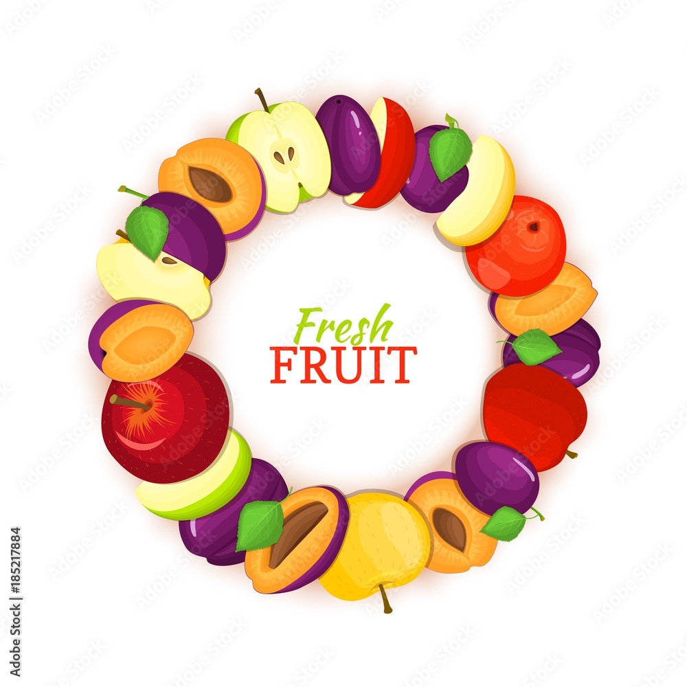 Obraz premium Round frame composed of delicious apple plum fruit. Vector card illustration. Apples and plums circle frame with place for text for design of food packaging juice breakfast cosmetics tea detox diet