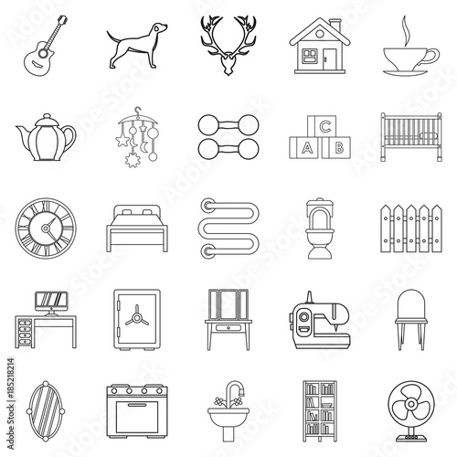 Cozy home icons set, outline style