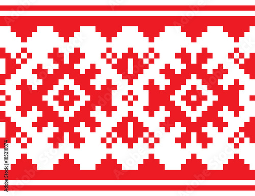 Scandinavian, Nordic vector belt seamless pattern, Lapland long red folk art design, Sami people traditional embroidery