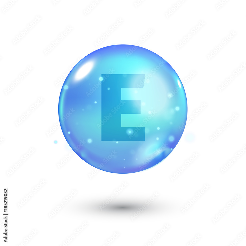 Shiny colored bowl with letter, vitamin, blue capsule. Blue bubble Shiny colored bowl with letter, vitamin, blue capsule. Blue bubble