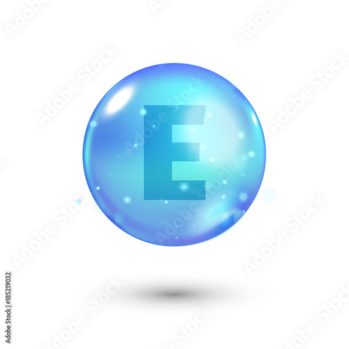 Shiny colored bowl with letter, vitamin, blue capsule. Blue bubble