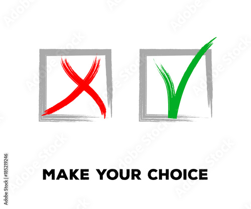 Yes and No Vector Set Square Frames, Isolated.  Hand Painted Election, Quizz, Voting, Test Symbols. Ink Brush Rejection and Approval, Query Choice Icons. Yes and No Tick and Cross Symbolic Marks.