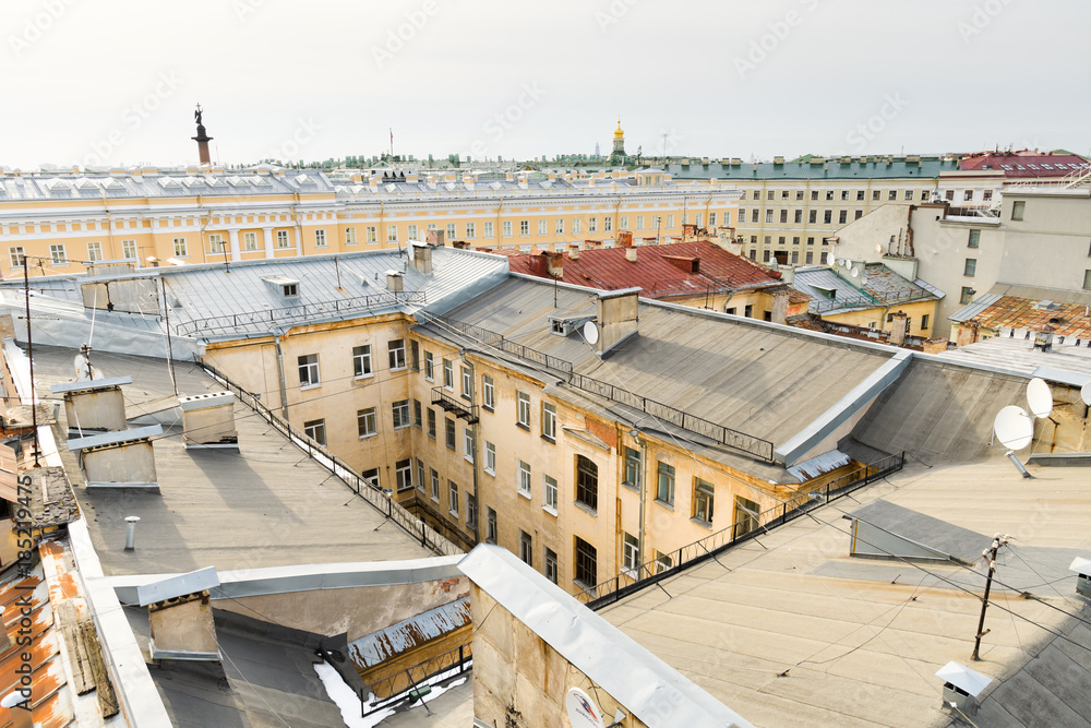 Saint Petersburg, view from the roof on the classic yard of a well, as well as on the Alexander Column and Saint Isaac's Cathedral and Hermitage Museum