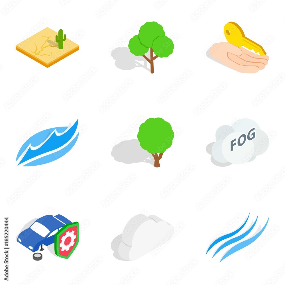 Calamity icons set, isometric style Calamity icons set, isometric style