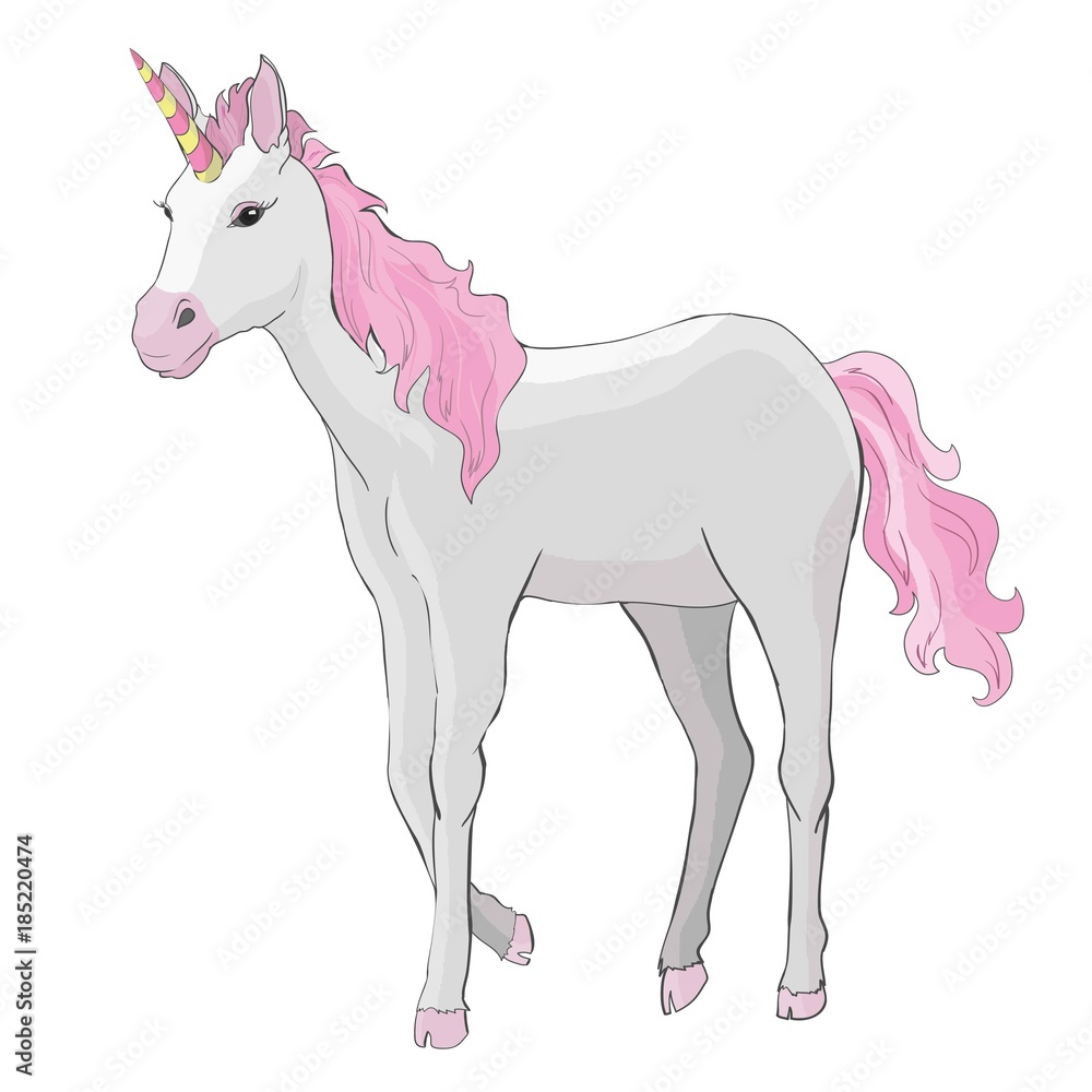 Obraz premium Unicorn vector icon isolated on white. Head portrait horse sticker, patch badge. Cute magic cartoon fantasy cute animal. Rainbow hair. Dream symbol. Design for children