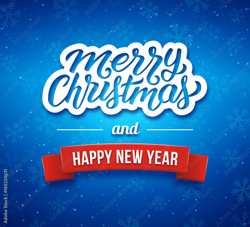 Merry Christmas and Happy New Year phrase on blue blurred background with bokeh lights from snow and 3d red ribbon. Premium vector illustration with lettering for winter holidays season. Merry Christmas and Happy New Year phrase on blue blurred background with bokeh lights from snow and 3d red ribbon. Premium vector illustration with lettering for winter holidays season.