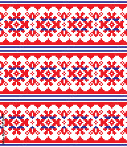 Scandinavian, Nordic vector seamless pattern, Lapland long red and blue folk art design, Sami people traditional embroidery