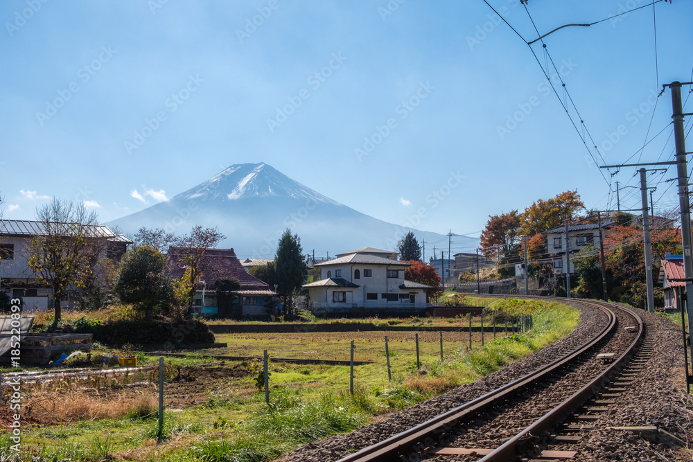 Mount Fuji with railway track in country