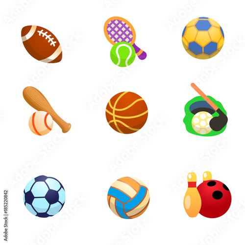 Cartoon icons of sports with balls   There are cartoon icons of balls for American football  tennis  volleyball  baseball  basketball  golf  football  handball  bowling  