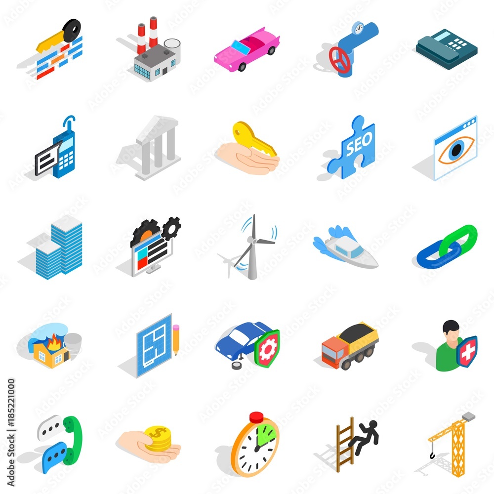 Private company icons set, isometric style Private company icons set, isometric style