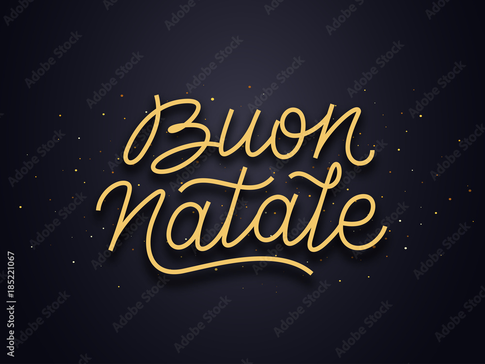 Buon Natale italian Merry Christmas wishes typography text and gold confetti on luxury black background. Premium vector illustration with lettering for winter holidays