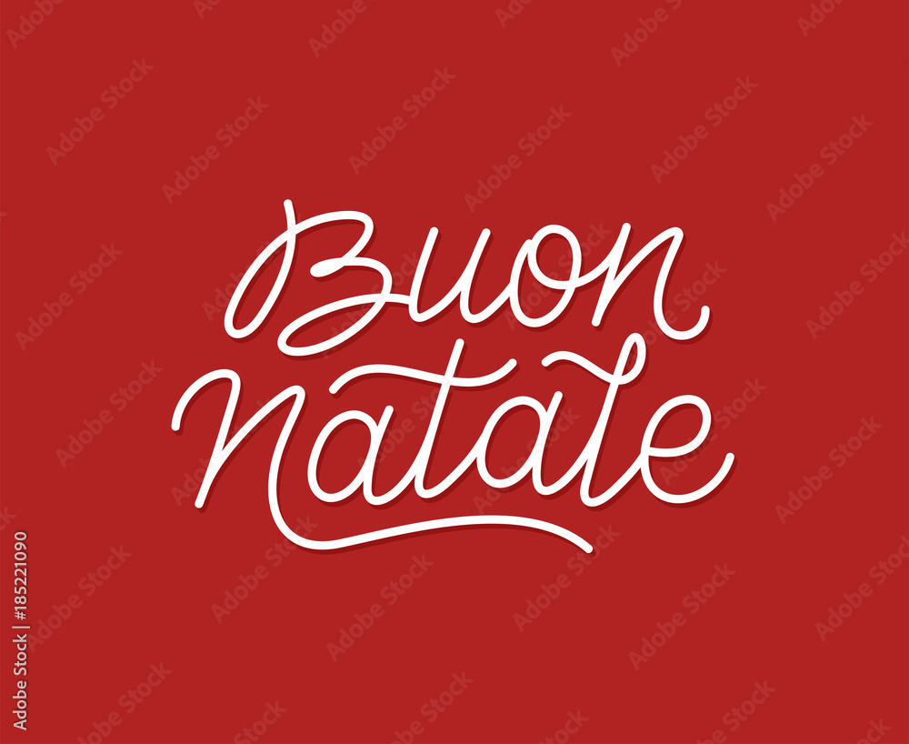 Naklejka premium Buon Natale italian Merry Christmas calligraphic line art style lettering quote on red background. Gift card design with wishes for winter holiday. Vector modern typography