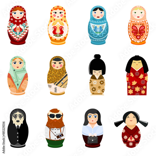 Doll matryoshka vector matrioshka russian toy traditional symbol of Russia national matreshka of different nationalities tourist Japanese arab illustration isolated on white background