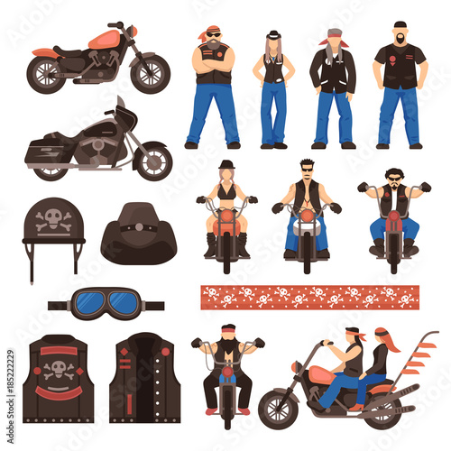 Bikers Flat Cartoon Icons Set 