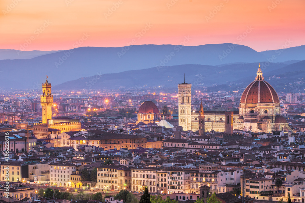 Cathedral Santa Maria del Fiore (Duomo) from above at sunset, Florence