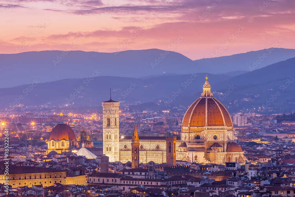 Cathedral Santa Maria del Fiore (Duomo) in Florence from above at sunset