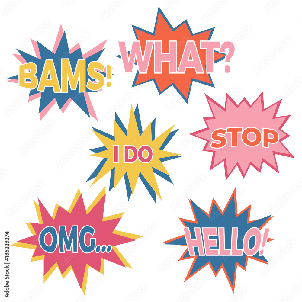 Fototapeta premium Set of six cartoon comic balloon speech bubbles in flat style. Elements of design comic books with different phrases. Vector illustration 