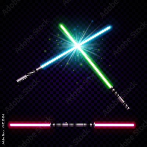neon light swords. crossed light sabers, flash and sparkles. Vector illustration isolated on transparent background