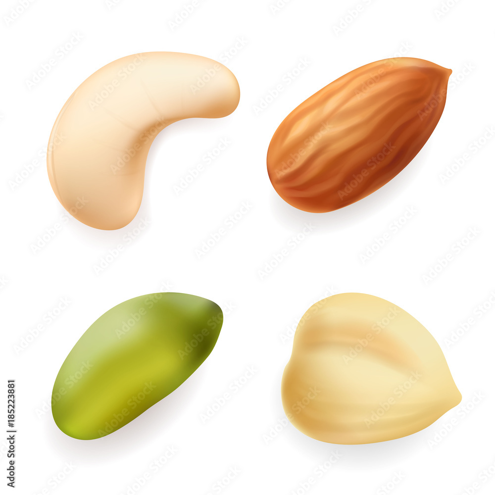 Obraz premium Different nuts set. Hazelnut, pistachio, almond, cashew isolated Realistic