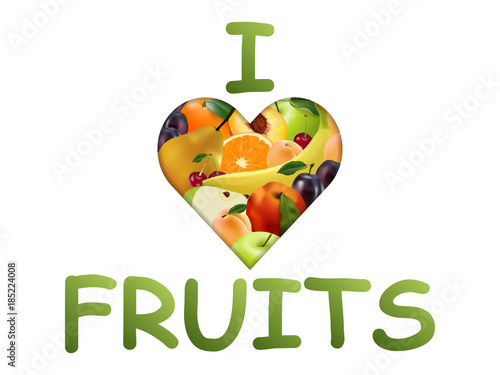 Heart with fruit, realistic style, juicy fruits, multifruit, Apple, pear, orange, peach, apricot, banana, cherry, plum.