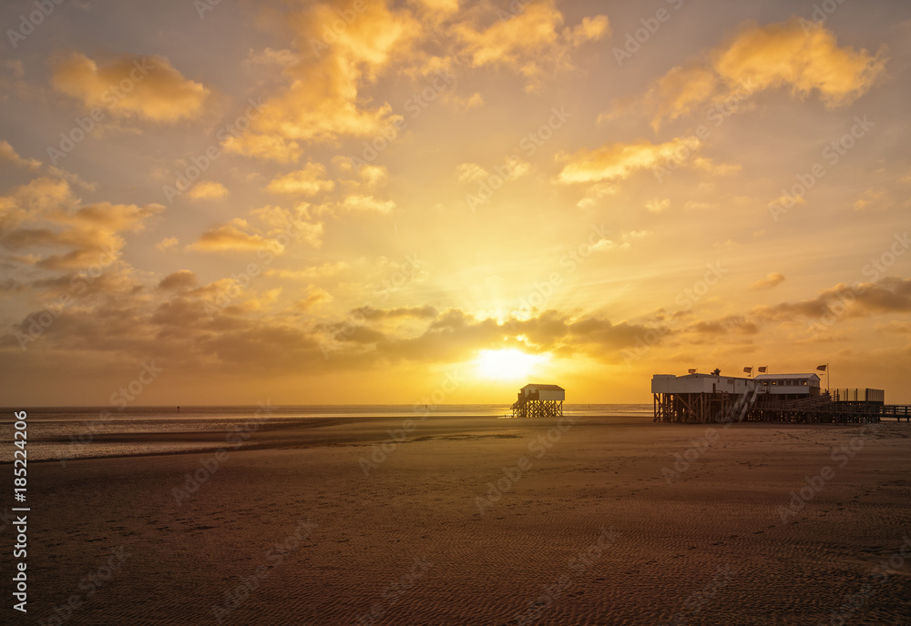 Beach of St Peter-Ording at sunset