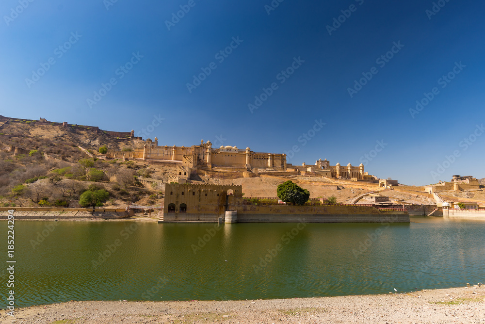 Amber Fort, impressive landscape and cityscape, famous travel destination in Jaipur, Rajasthan, India.