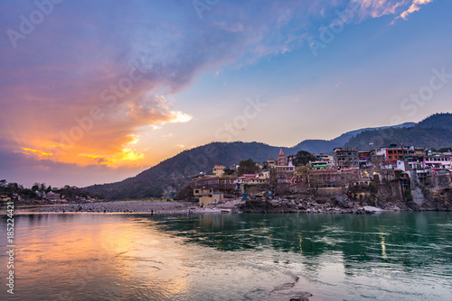 Photography Dusk time at Rishikesh, holy town and travel destination in India
