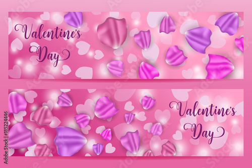 Valentine s day banners with flying petals and defocused chaotic blurred hearts with lights.