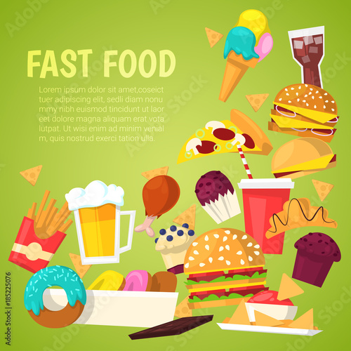 Fast food vector nutrition american hamburger or cheeseburger unhealthy eating concept junk fast-food snacks burger or sandwich and soda drink illustration background