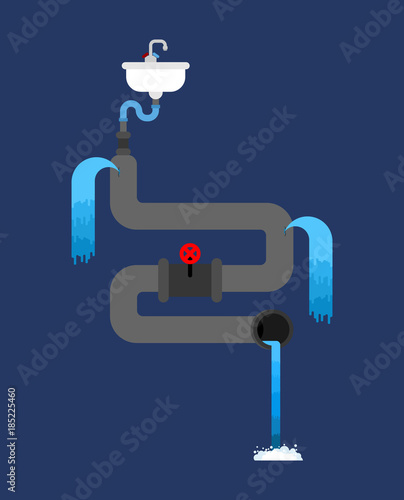 Litter in sink. Water pipe is spoiled. old pipes. Water leak. Sewerage is broken. Vector illustration